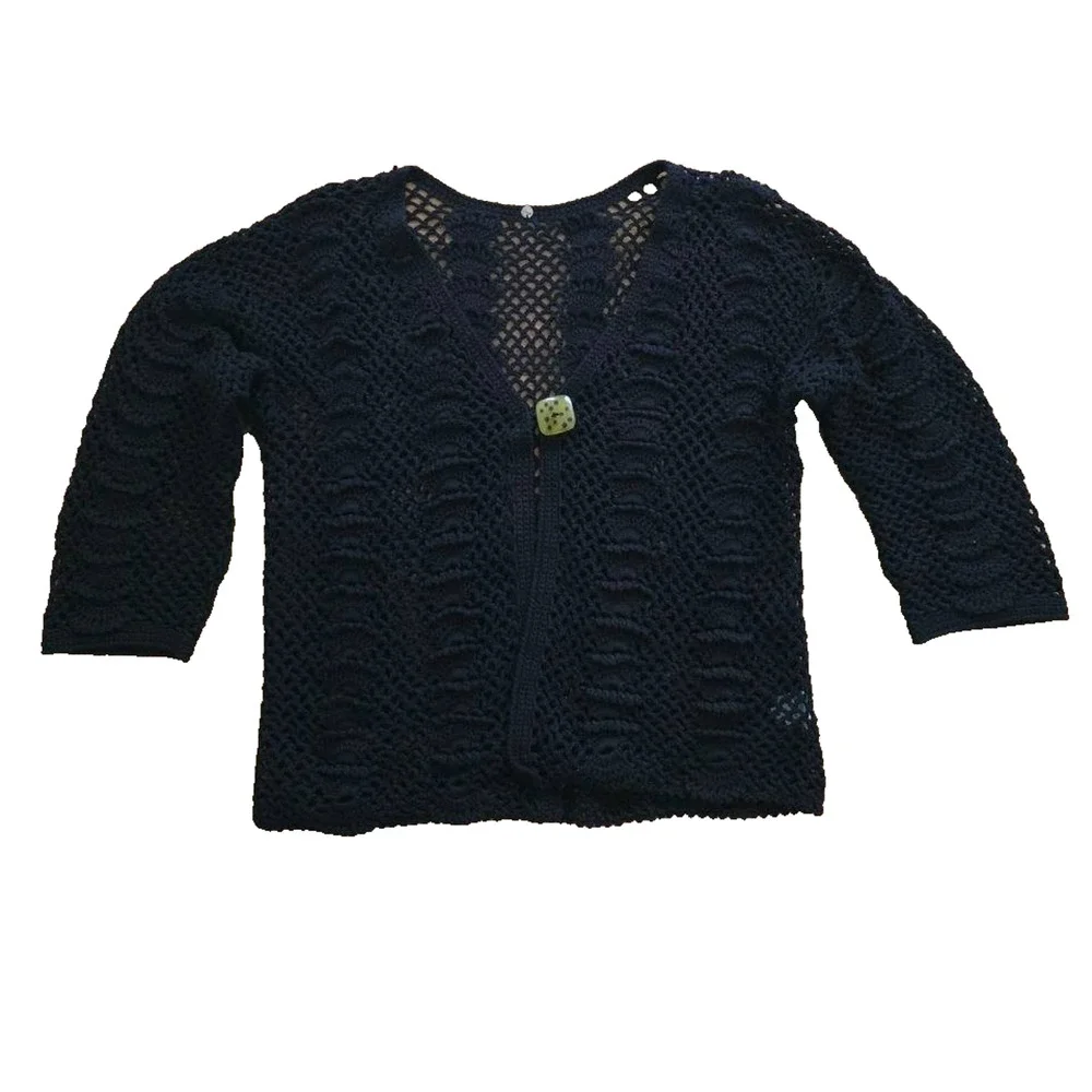 HAIKU Crochet Open Front Cardigan 3/4 Sleeve 100% Cotton Women Black M A001648